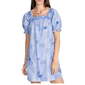 Johnny Was XL Marbella Square Neck Dress Blue Plaid Embroidered NWT MSRP $348